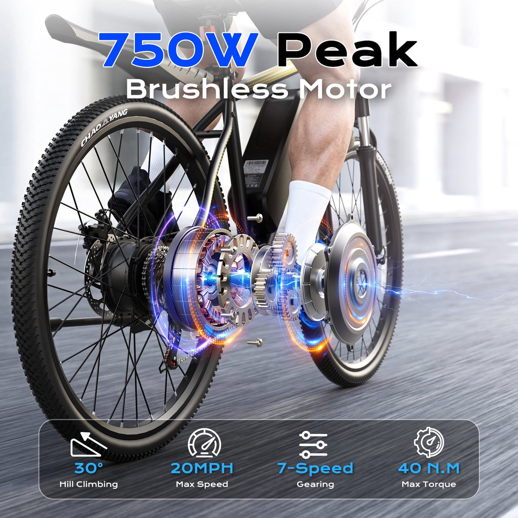 VIPDRIVE Electric Bike for Adults, 26'' 750W Peak Ebike, 48V 7.8AH Removable Battery .Up to 40 Miles 20MPH Electric Mountain Bike .Front Fork Suspension .UL2849
