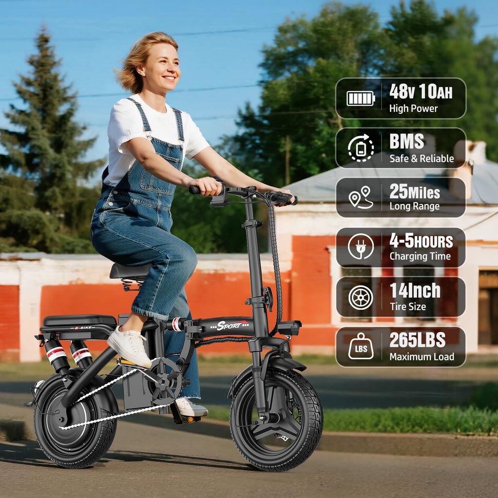GWEIT Electric Bike for Adults,1000W Peak Folding Electric Bike, 40-Mile Range, 14-Inch Tire E-Bike with 48V 10Ah Removable Battery, Electric Mini Bike
