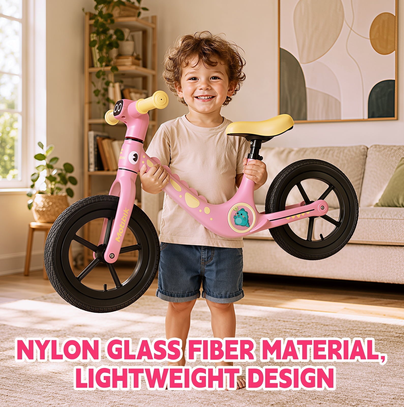 WLRETMCI 12 Kids Balance Bike, Glass Fiber Lightweight Toddler Bicycle for 2-5 Years Boys Girls, Pink