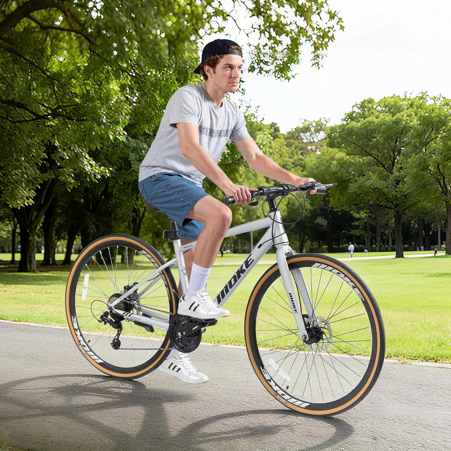 Mens Road Bike, NEORIVER 700C 24-Speed Hybrid Bike for Adults, Features Dual Disc Brakes, Trigger Shifting, Internal Wiring & Lightweight Frame for City Commuting