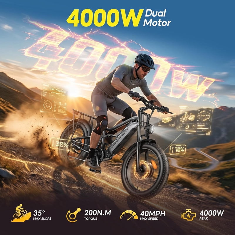 HiKNiGHT 4000W Dual Motor Electric Bike for Adults, 52V 20Ah Battery, 40 MPH & 90 Miles Range, 24 x 4.0 Fat Tire E-Bike, Dual Hydraulic Brakes, Full Suspension, H6 Pro (Black White) with Bag