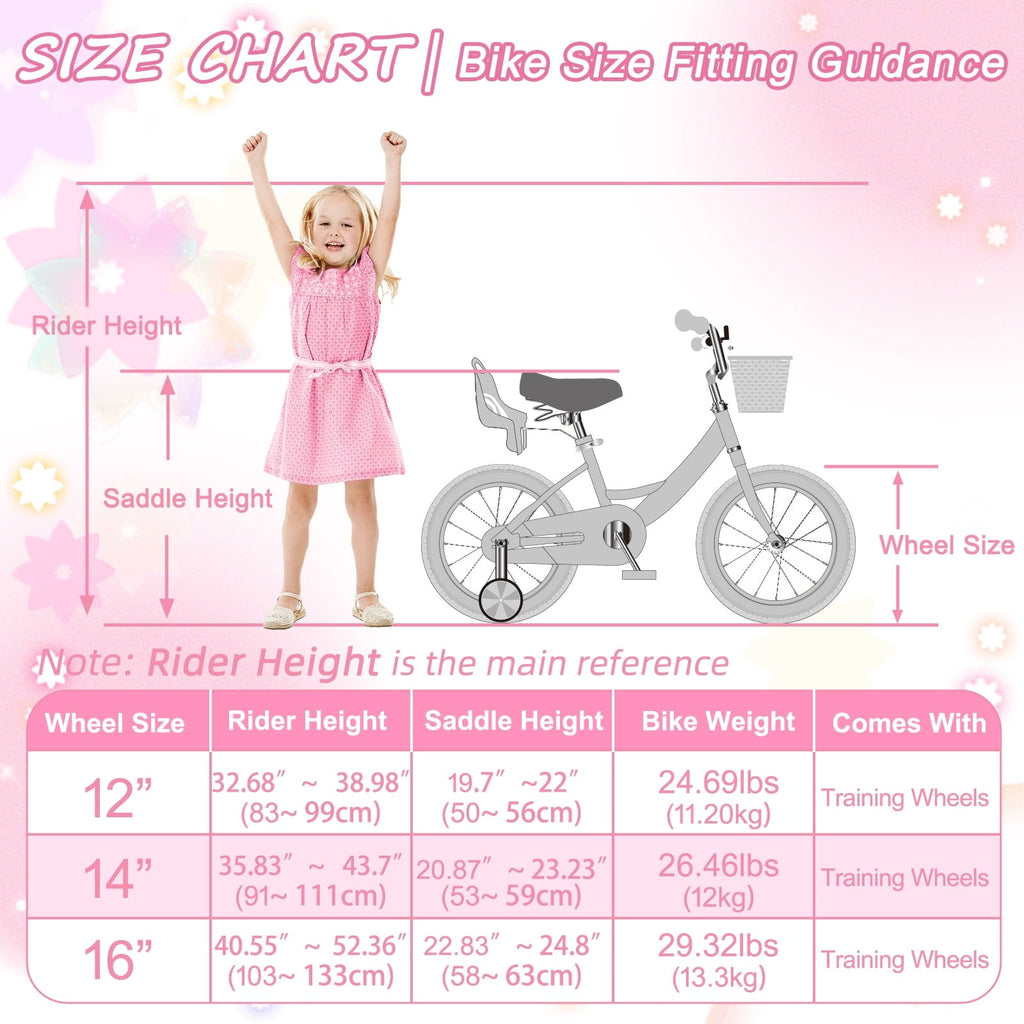 KORIMEFA Bikes for Girls 3-6 Years Old Toddlers, 12 inch Girls Bike with Training Wheels, Basket and Doll Seat, Children Bicycles with Handbrake, White