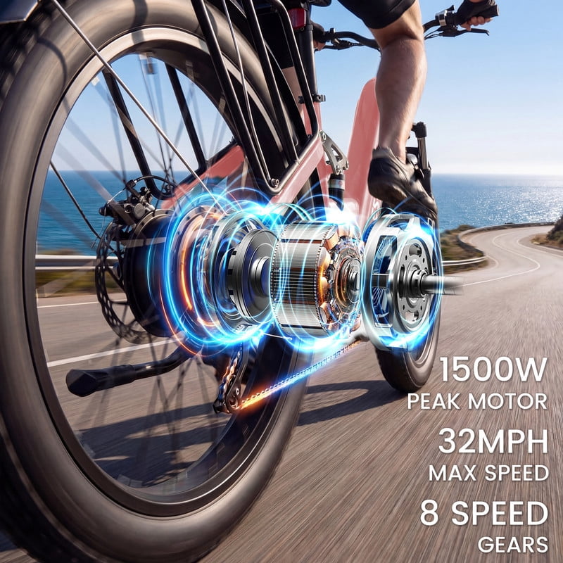 ESKUTE C300 1500W Electric Bike for Adults, 48V 20.8Ah Battery, 32MPH, 80 Miles Range, 26x4.0 Fat Tire Step-Thru Ebike, Full Suspension Electric Bicycle, 8-Speed Pink, UL2849