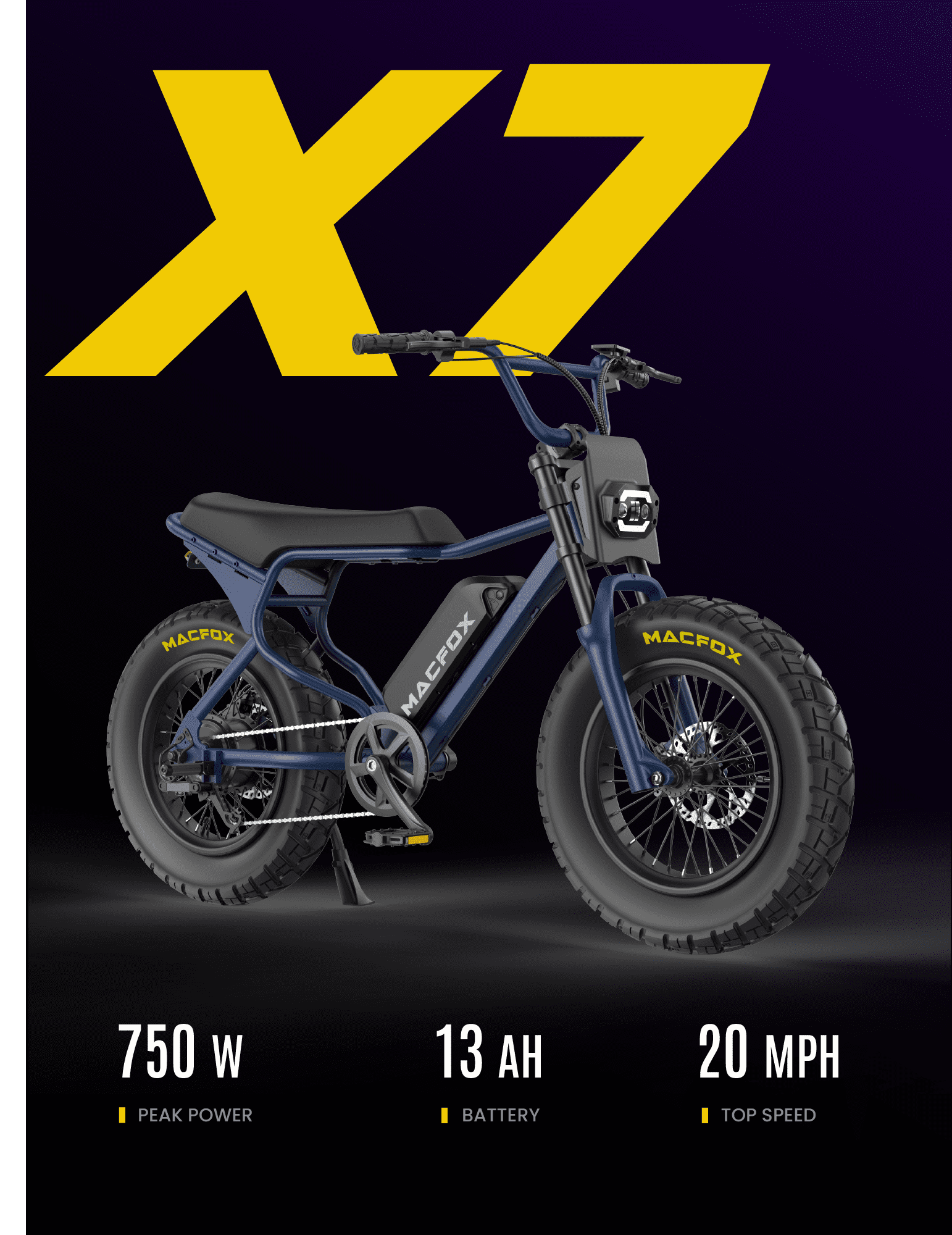 MACFOX X7 Adult Electric Bike, 750W E-Bike, 20 MPH, 48V 13Ah removable battery, 35-mile range, hydraulic brakes, upgraded 20x5.0 wide rear tire.