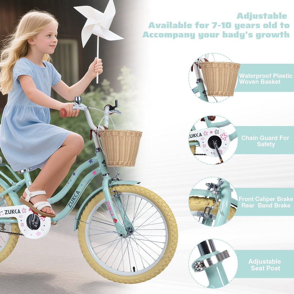 Dolonm 20 Kids Bike for Ages 7-10, Lightweight High-Carbon Steel Frame Cruiser Bicycle, Girls Bike with Wicker Basket, Rear Seat Rack, No Training Wheels, Pink