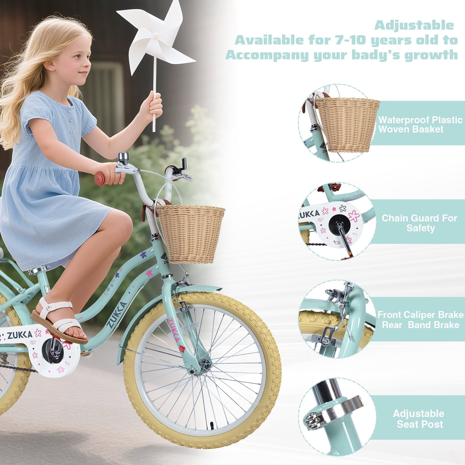 Dolonm 20 Kids Bike for Ages 7-10, Lightweight High-Carbon Steel Frame Cruiser Bicycle, Girls Bike with Wicker Basket, Rear Seat Rack, No Training Wheels, Pink