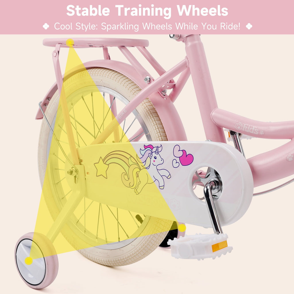16/18 Inch Bike Kids Bicycle with Basket, Girls Bikes Ages 5-10, Kids Bicycles with Front and Rear Brakes, Kid Bike with Training Wheels, Kickstand, Rear Seat