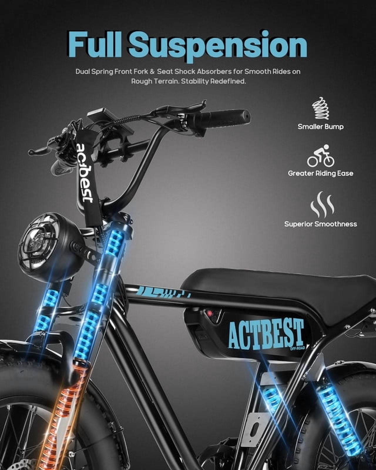 Electric Bike for Adults, Peak 1500W 28 MPH Fat Tire All-Terrain Electric Motorcycle, Full Suspension Mountain Electric Dirt Bike for Men/ Women Black & Blue