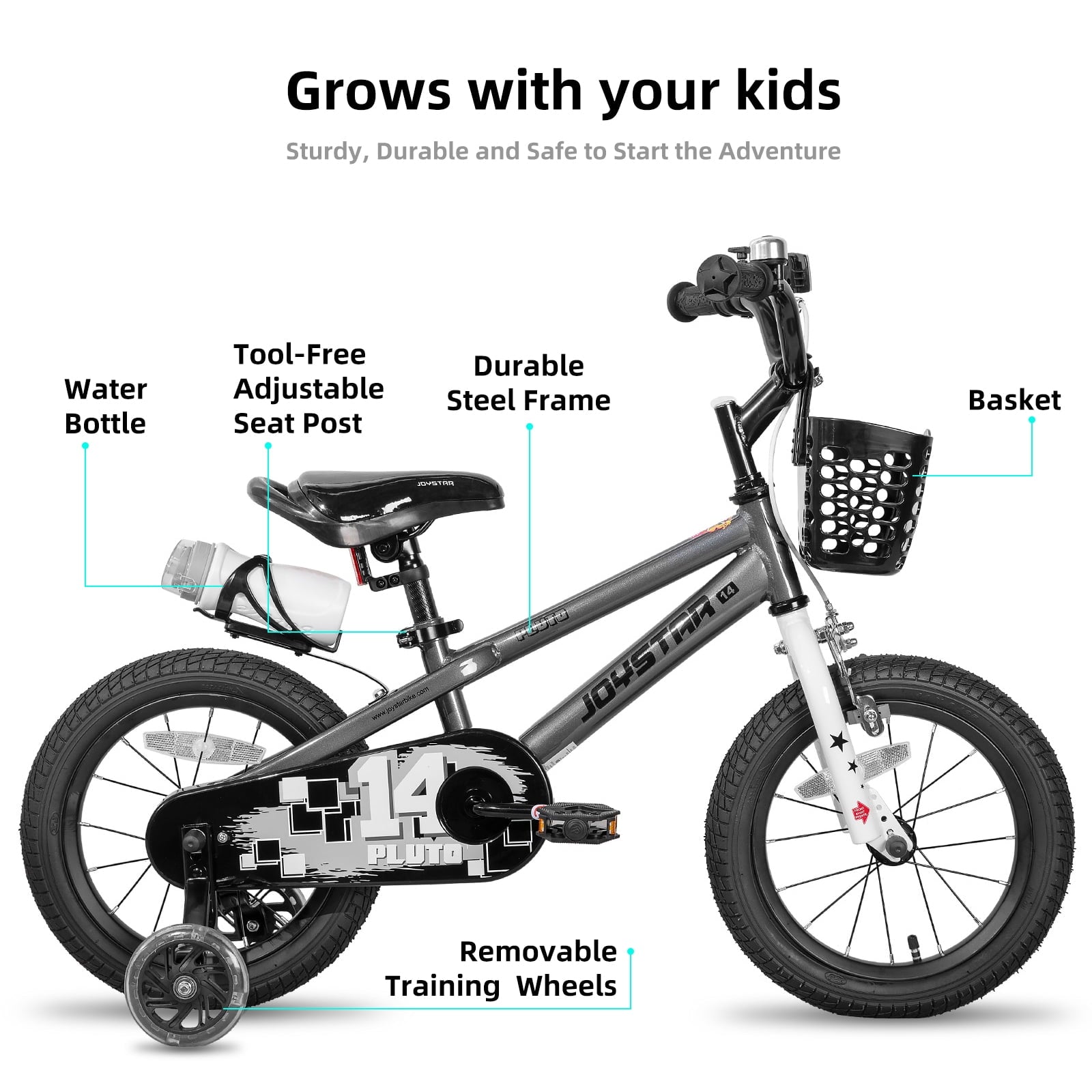 JOYSTAR Pluto Kids Bike with Training Wheels for 12 inch Bike, Gray