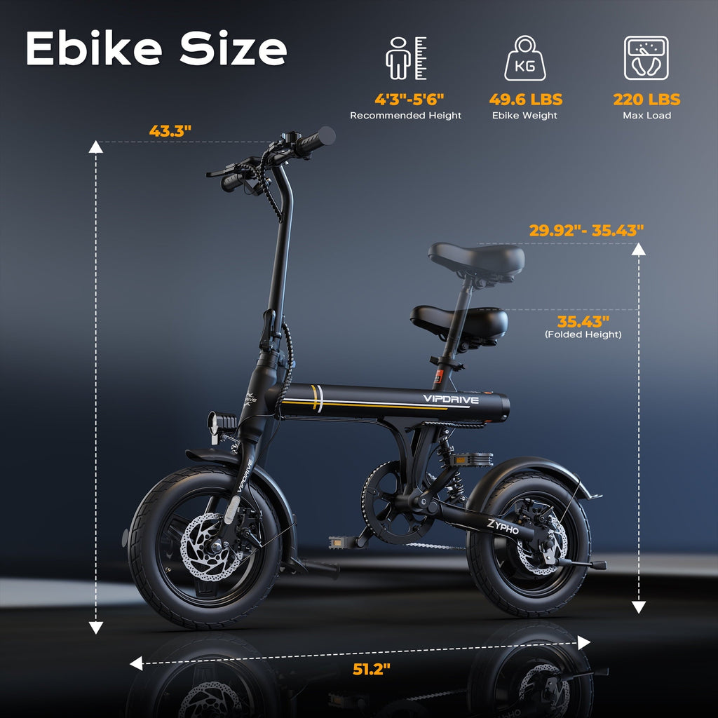 VIPDRIVE Electric Bike, 14 Folding EBike for Adults, 500W Peak Motor, 36V 7.8Ah Battery, 20MPH City Commuter E-Bike, Mini Ebike, LCD Display, UL2849