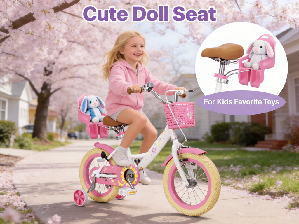 KORIMEFA Bikes for Girls 3-6 Years Old Toddlers, 12 inch Girls Bike with Training Wheels, Basket and Doll Seat, Children Bicycles with Handbrake, White