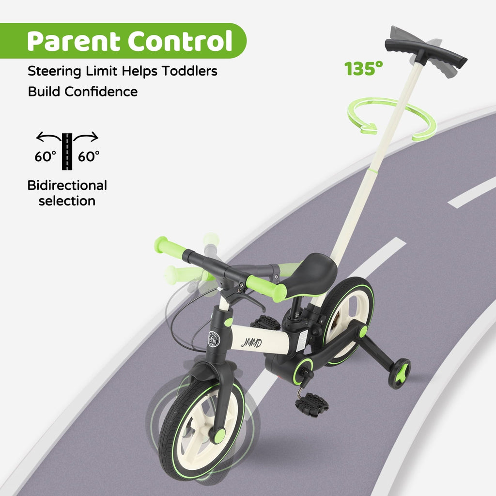 JMMD Toddler Bike with Push Handle for Kid 18-60 Months, 6 in 1 Foldable Tricycle with Training Wheel, Pedals, Kid Balance Bike for Boy & Girl, Black