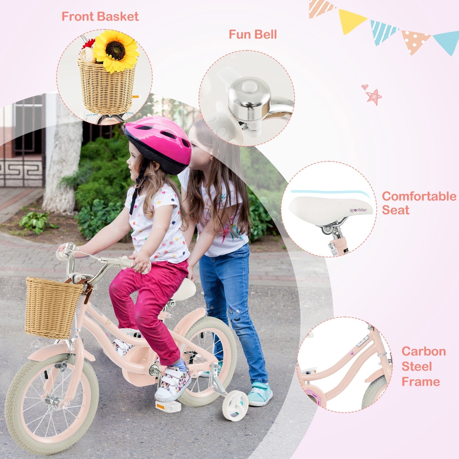 Costway 14 Kid's Bike with Training Wheels Adjustable Handlebar Seat Handbrake Pink