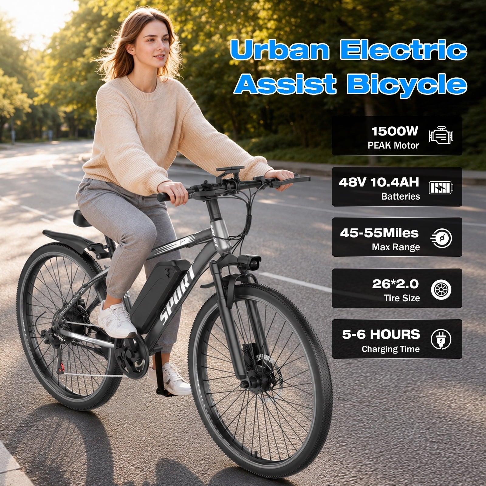 GWEIT Electric Bike, 26 Pneumatic Tires, 1500W Peak Motor Electric Mountain Bike, 25MPH 35Miles Range, 48 10.4AH Removable Battery E Bikes for Adults, UL 2849 Certification
