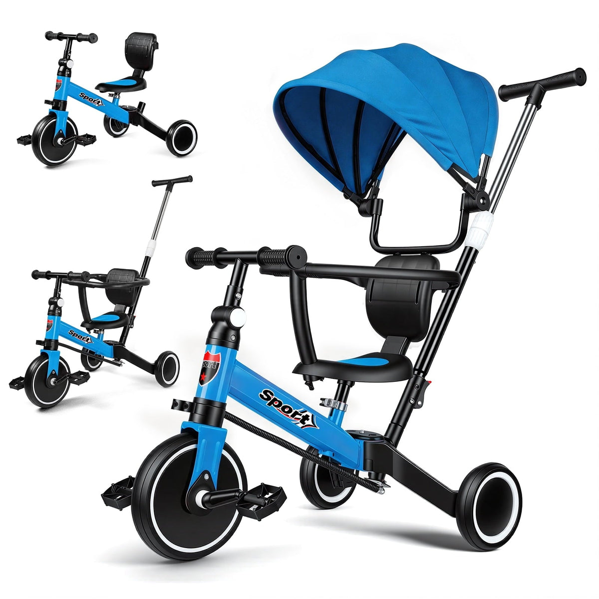 WLRETMCI 7 in 1 Toddler Bike, Tricycle for Toddlers 1-5 Year Old with UV Canopy, Balance Bike with Parental Control Handle, Adjustable Seat Height, Removable Pedal, Backrest (Pink)