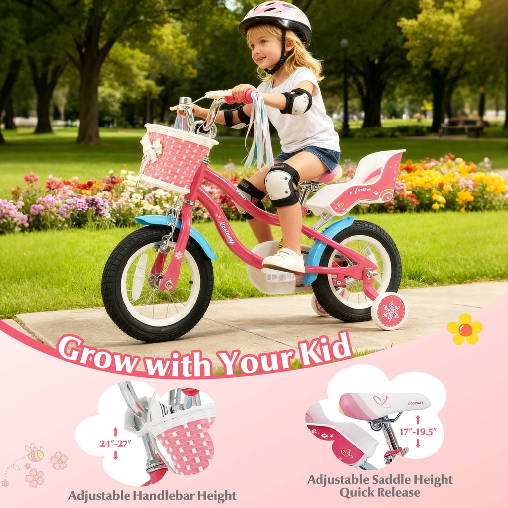 Costway 18 Inches Kids Bicycle with Training Wheels & Basket for Girls Age 4-8 Years Pink