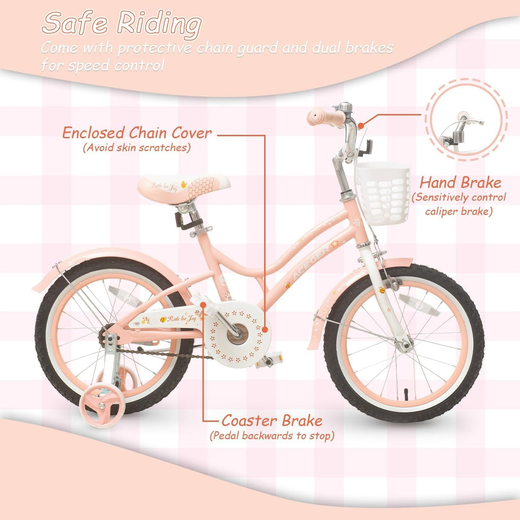 ACEGER 16 Inch Bike with Basket and Training Wheels for Girls Ages 5-9, Pink