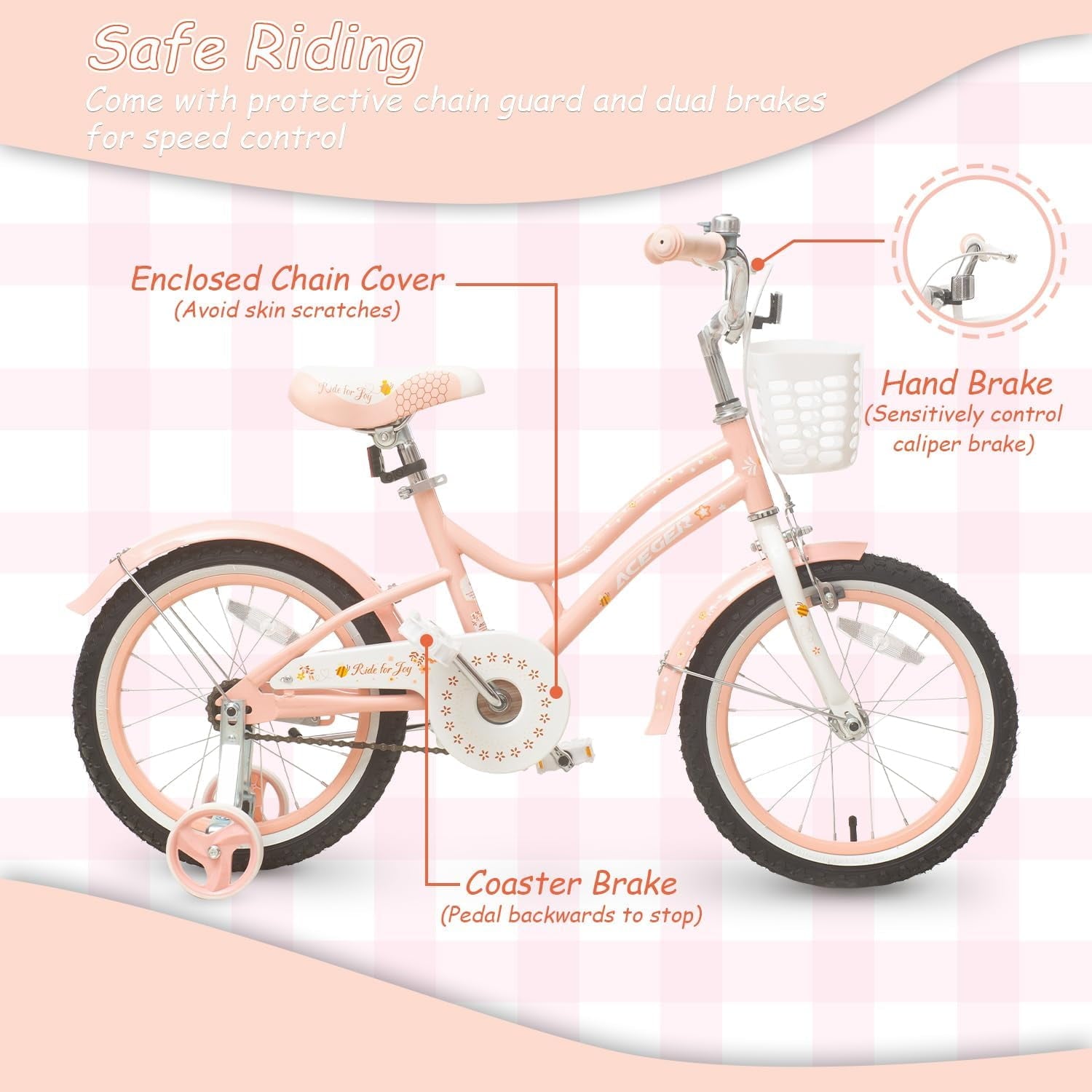 ACEGER 16 Inch Bike with Basket and Training Wheels for Girls Ages 5-9, Pink