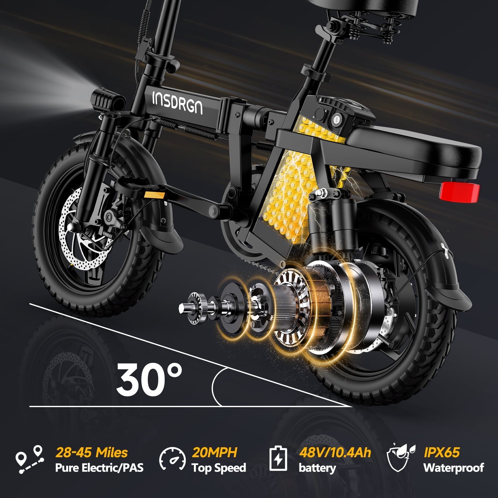 INSDRGN Folding Electric Bike for Adults Teens, 650W Peak Motor, 10.4AH 48V Battery 14 Electric Bicycles, 28 Miles Range, Mini Ebike for City Commuter, UL2849, Gray