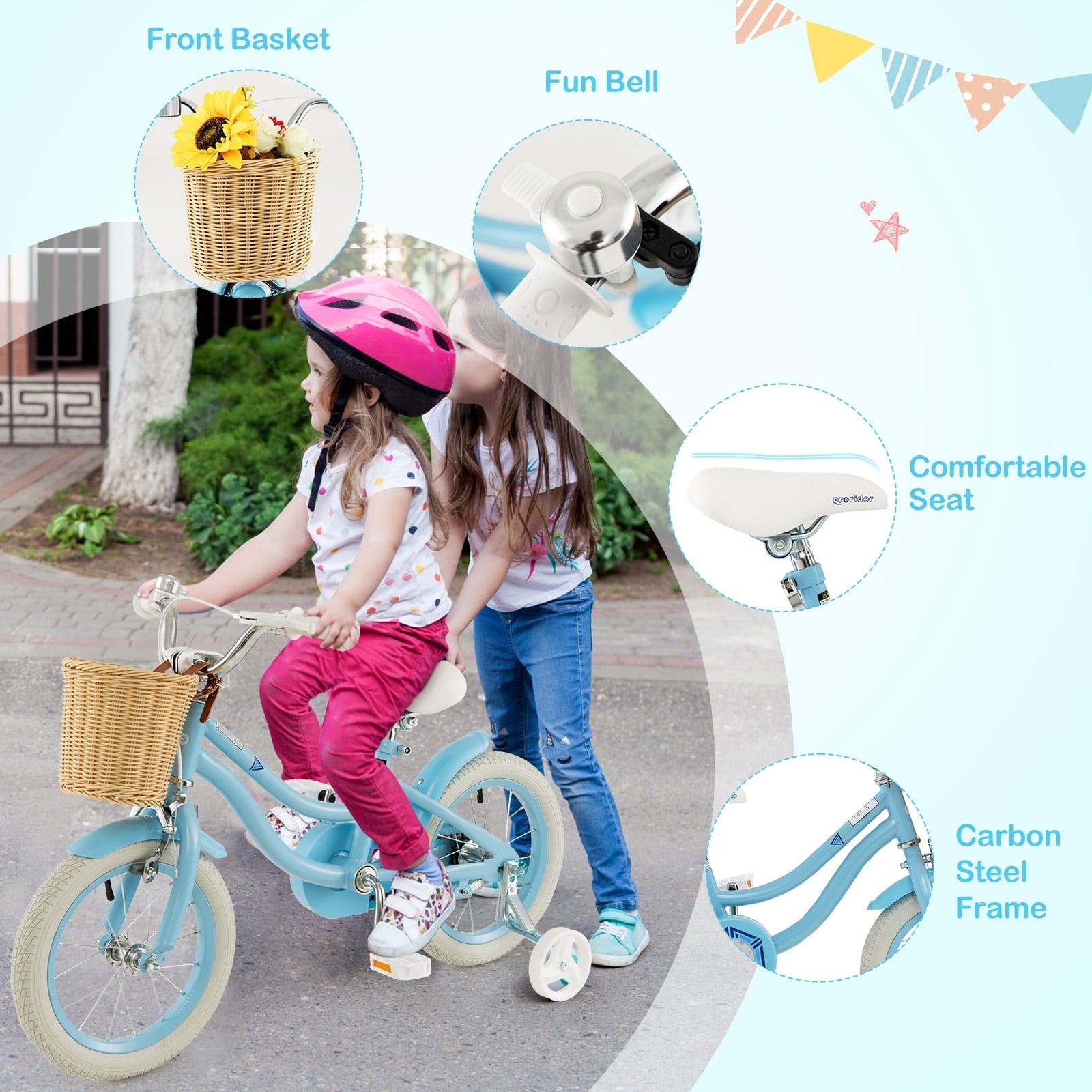 Costway 14 Kid's Bike with Training Wheels Adjustable Handlebar Seat Handbrake Pink