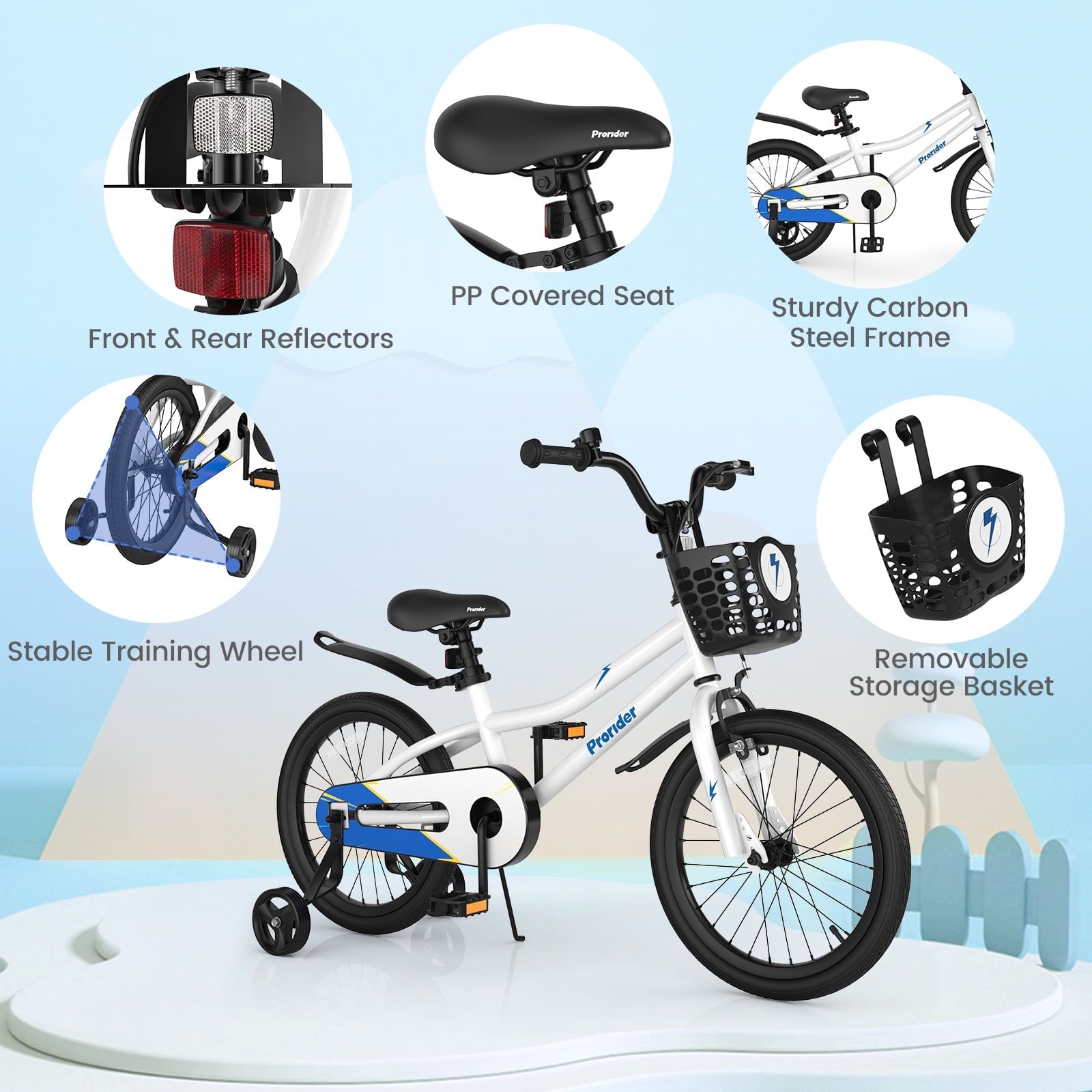 Costway 14'' Kid's Bike with Removable Training Wheels & Basket for 3-5 Years Old White