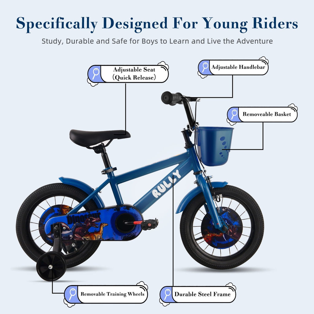 RULLY 14 Inch Dinosaur Kids Bike for Boys 3-5 Years, Bicycle with Training Wheels, Basket & Coaster Brake, Blue