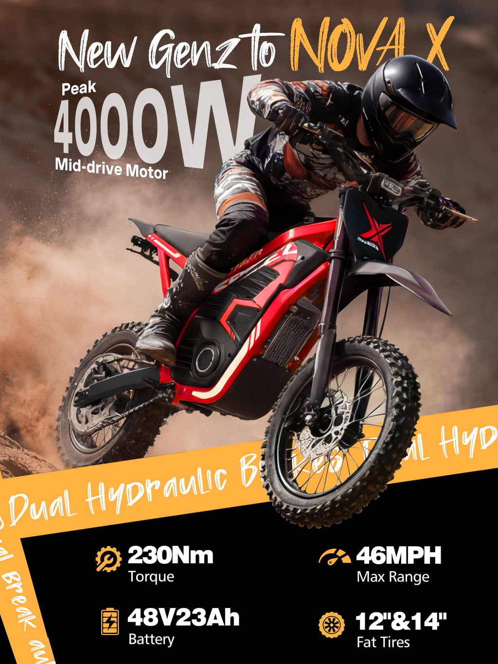 ESKUTE NovaX Electric Dirt Bike for Teens & Adults, 4000W Peak Mid-Drive Motor, 35-46 MPH Off-Road E-Bike, 48V 22.8Ah Battery, 14/12 Wheels, Hydraulic Dual Shock Suspension Orange