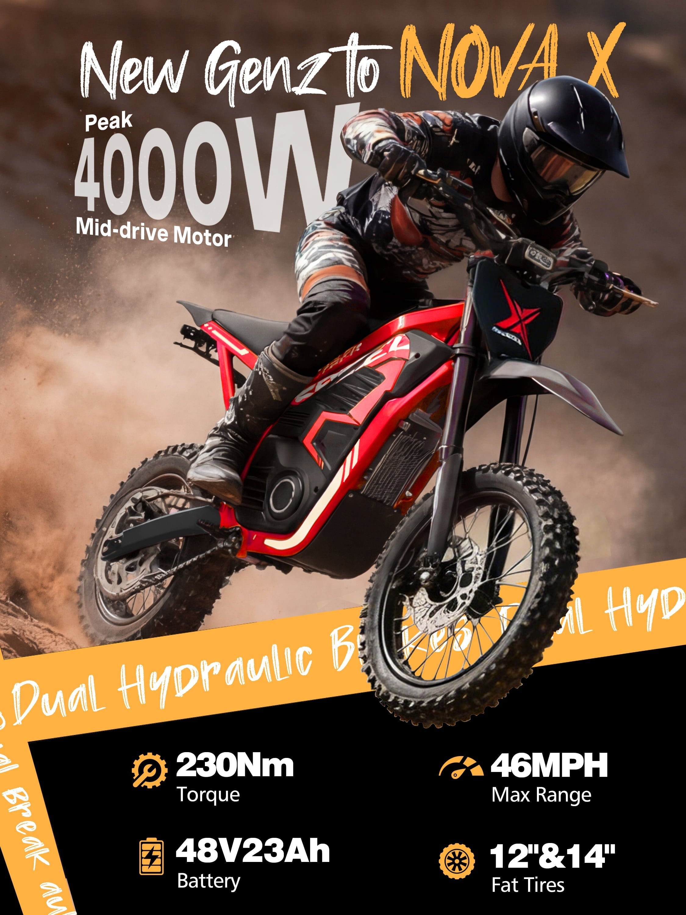 ESKUTE NovaX Electric Dirt Bike for Teens & Adults, 4000W Peak Mid-Drive Motor, 35-46 MPH Off-Road E-Bike, 48V 22.8Ah Battery, 14/12 Wheels, Hydraulic Dual Shock Suspension Orange