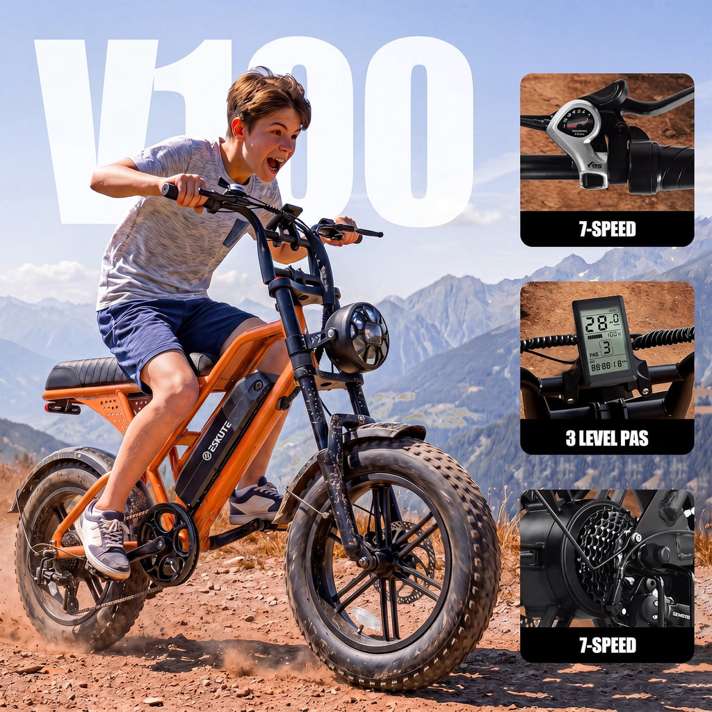 ESKUTE V100 Electric Bike for Teens Adults Students, 750W 28 Mph 48V 13 Ah,16x4.0 Fat Tire E Bicycle, 7-Speed Dual Suspension Mountain EBike Black, UL2849