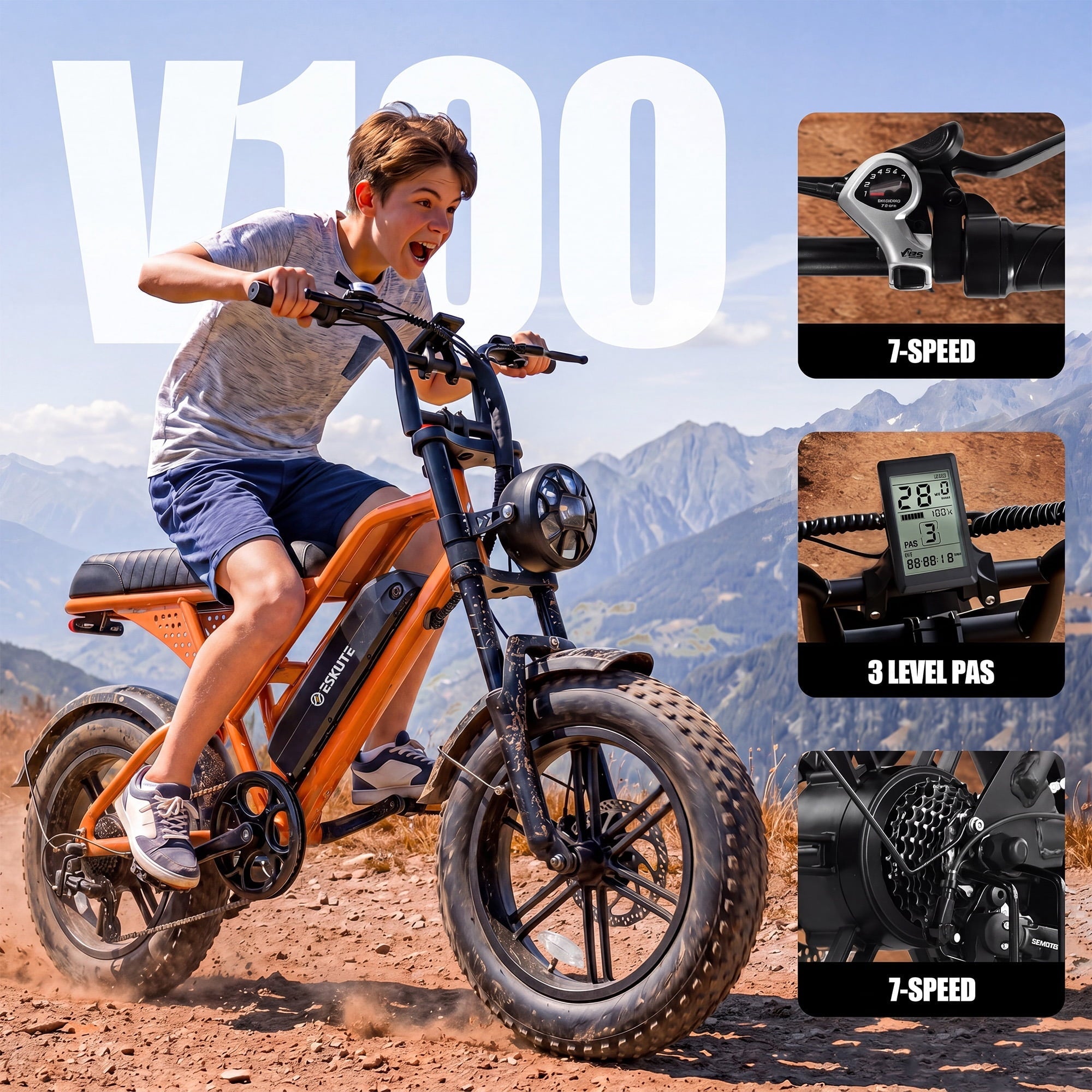 ESKUTE V100 Electric Bike for Teens Adults Students, 750W 28 Mph 48V 13 Ah,16x4.0 Fat Tire E Bicycle, 7-Speed Dual Suspension Mountain EBike Black, UL2849