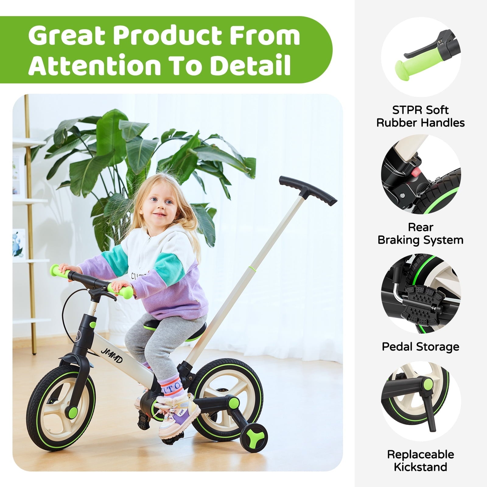 JMMD Toddler Bike with Push Handle for Kid 18-60 Months, 6 in 1 Foldable Tricycle with Training Wheel, Pedals, Kid Balance Bike for Boy & Girl, Black