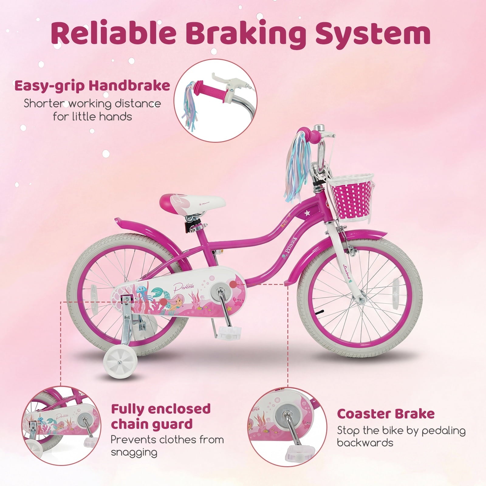 Costway 14 Kids Bike with Training Wheels Hand Coaster Brakes Adjustable Seat Handlebar Pink