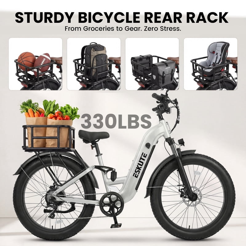 ESKUTE C300 1500W Electric Bike for Adults, 48V 20.8Ah Battery, 32MPH, 80 Miles Range, 26x4.0 Fat Tire Step-Thru Ebike, Full Suspension Electric Bicycle, 8-Speed Pink, UL2849