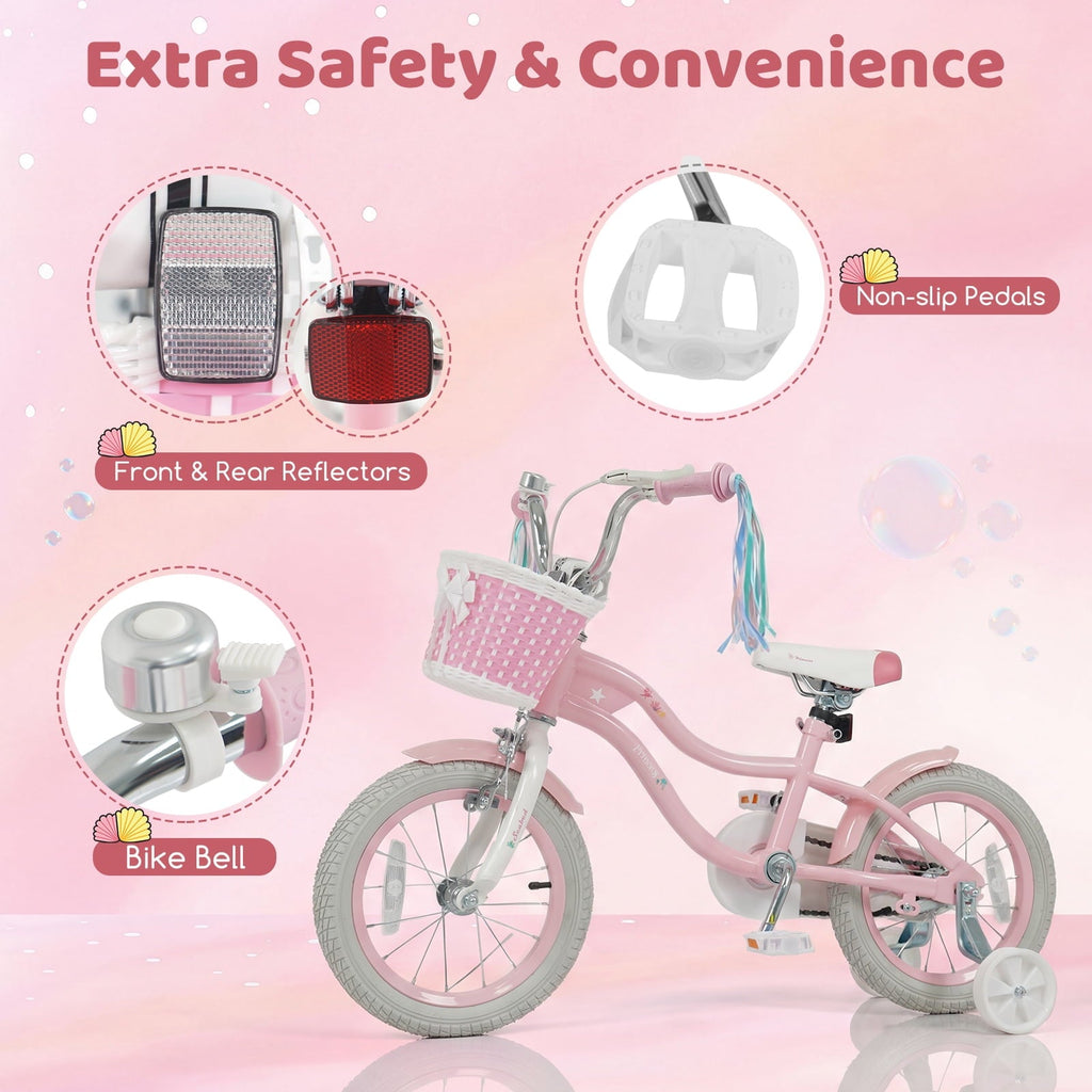 Costway 14 Kids Bike with Training Wheels Hand Coaster Brakes Adjustable Seat Handlebar Pink