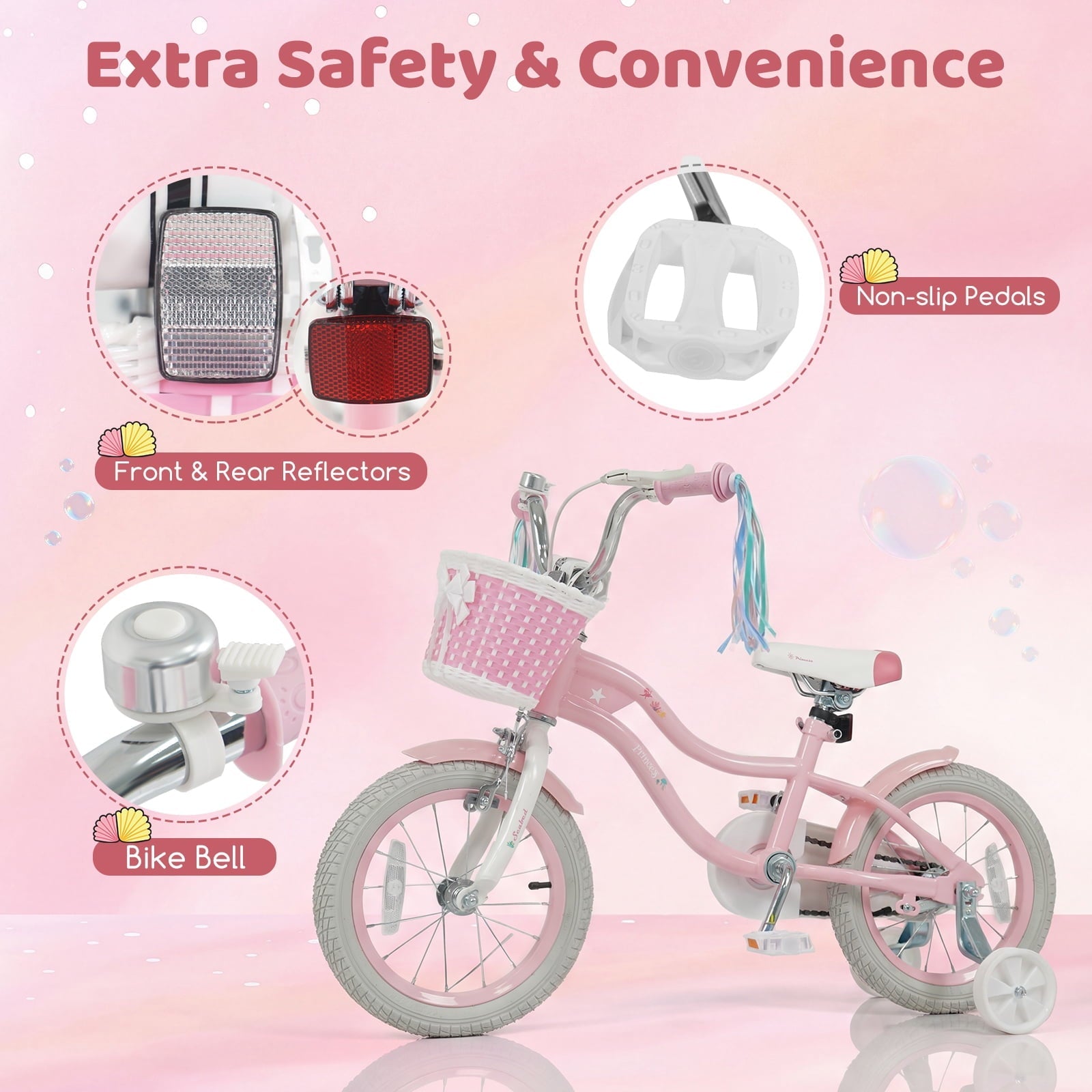 Costway 14 Kids Bike with Training Wheels Hand Coaster Brakes Adjustable Seat Handlebar Pink