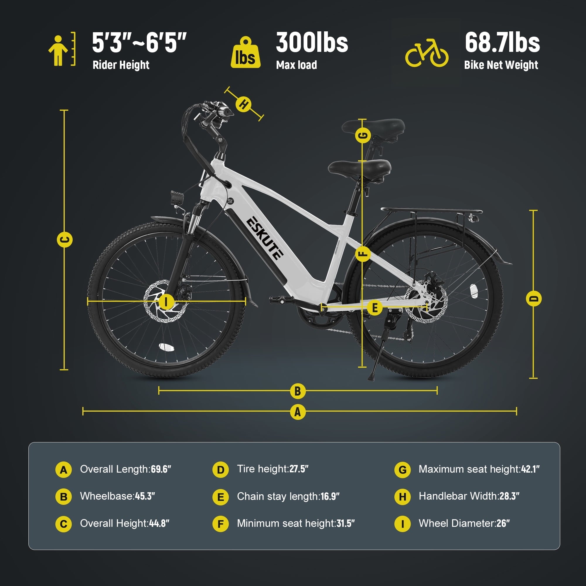 ESKUTE C200D 70-Mile Electric Bike for Adults, 840Wh Removable Battery, 1300W Peak Motor, Up to 28MPH, 26 Tires, 7-Speed Step-Over E-Bike White, UL2849