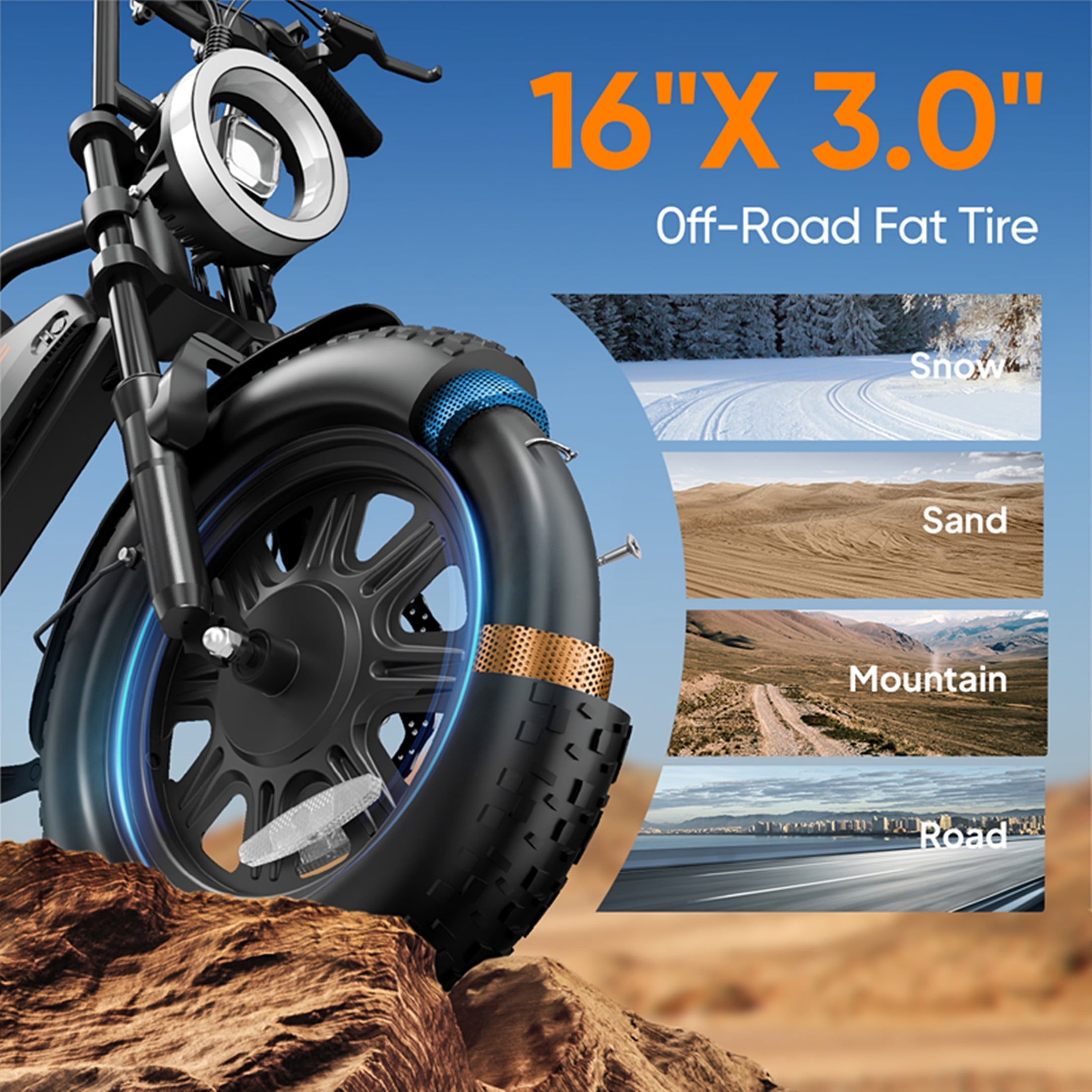 URLIFE 16*3.0 Fat Tire Electric Bike for Adult, 1000W Peak Motor, 48V 13Hh Removable Battery, Up to 28MPH 80Miles Range, Electric Dirt/Mountain Bike-UL2849