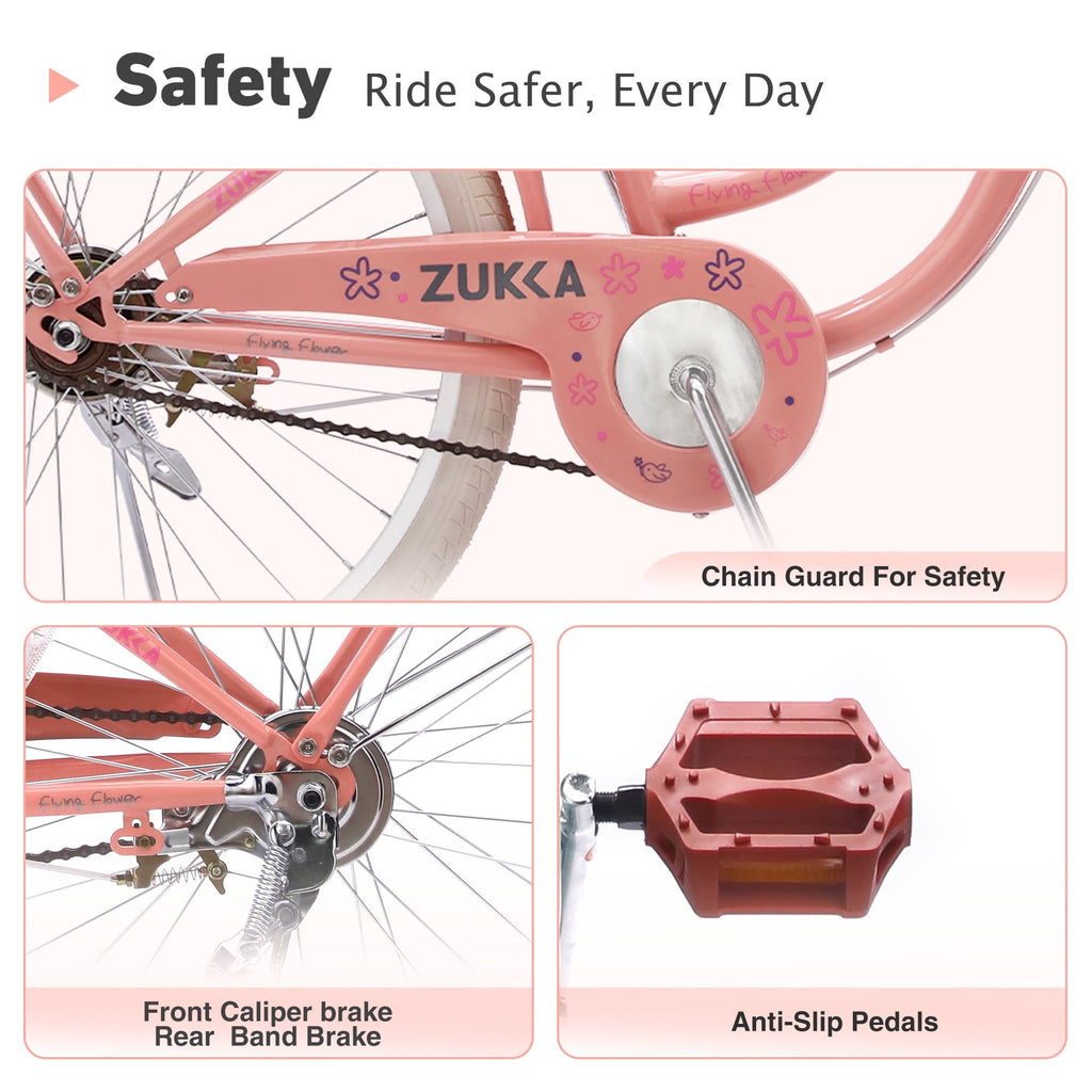 Dolonm 20 Kids Bike for Ages 7-10, Lightweight High-Carbon Steel Frame Cruiser Bicycle, Girls Bike with Wicker Basket, Rear Seat Rack, No Training Wheels, Pink