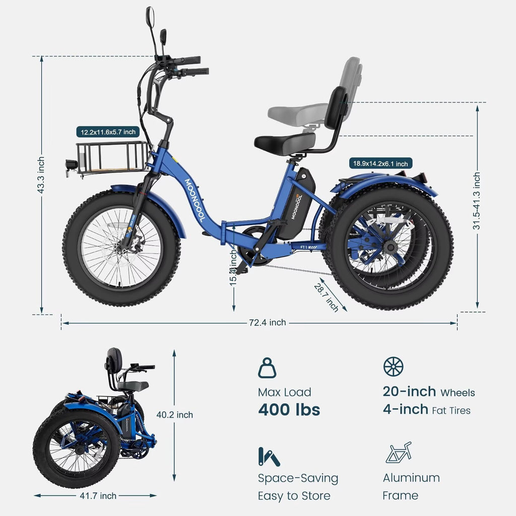 MOONCOOL Folding Electric Tricycle for Adults, 20 x 4 Fat Tire Electric Trike, 48V Peak 1092W  Electric Bicycle, 3 Wheels 7 Speed Ebike w/ 14.5Ah Removable Battery& Speed Differential Mechanism