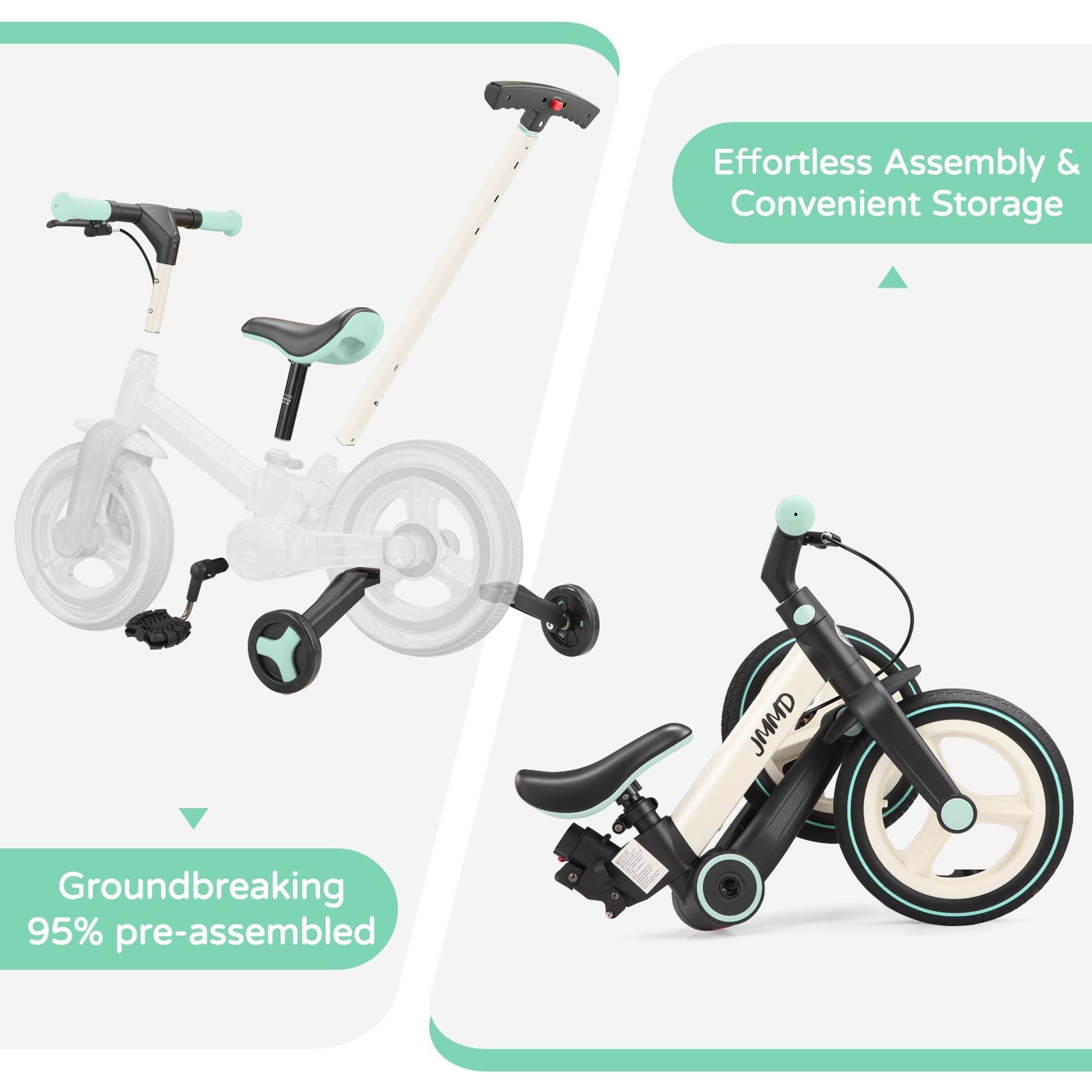 JMMD Toddler Bike with Push Handle for Kid 18-60 Months, 6 in 1 Foldable Tricycle with Training Wheel, Pedals, Kid Balance Bike for Boy & Girl, Black