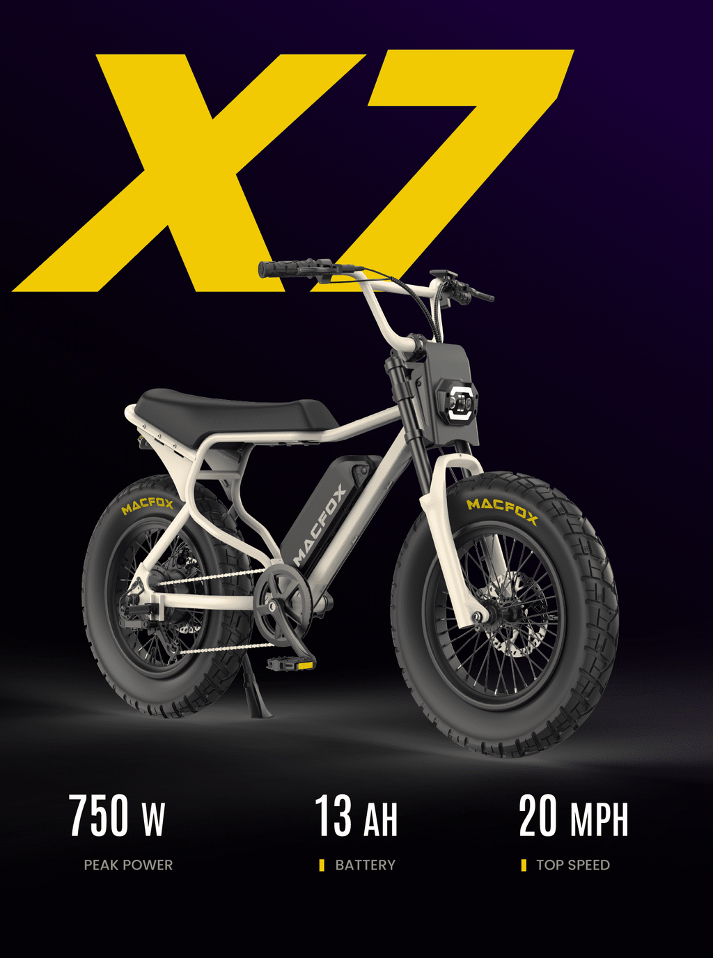 MACFOX X7 Adult Electric Bike, 750W E-Bike, 20 MPH, 48V 13Ah removable battery, 35-mile range, hydraulic brakes, upgraded 20x5.0 wide rear tire.