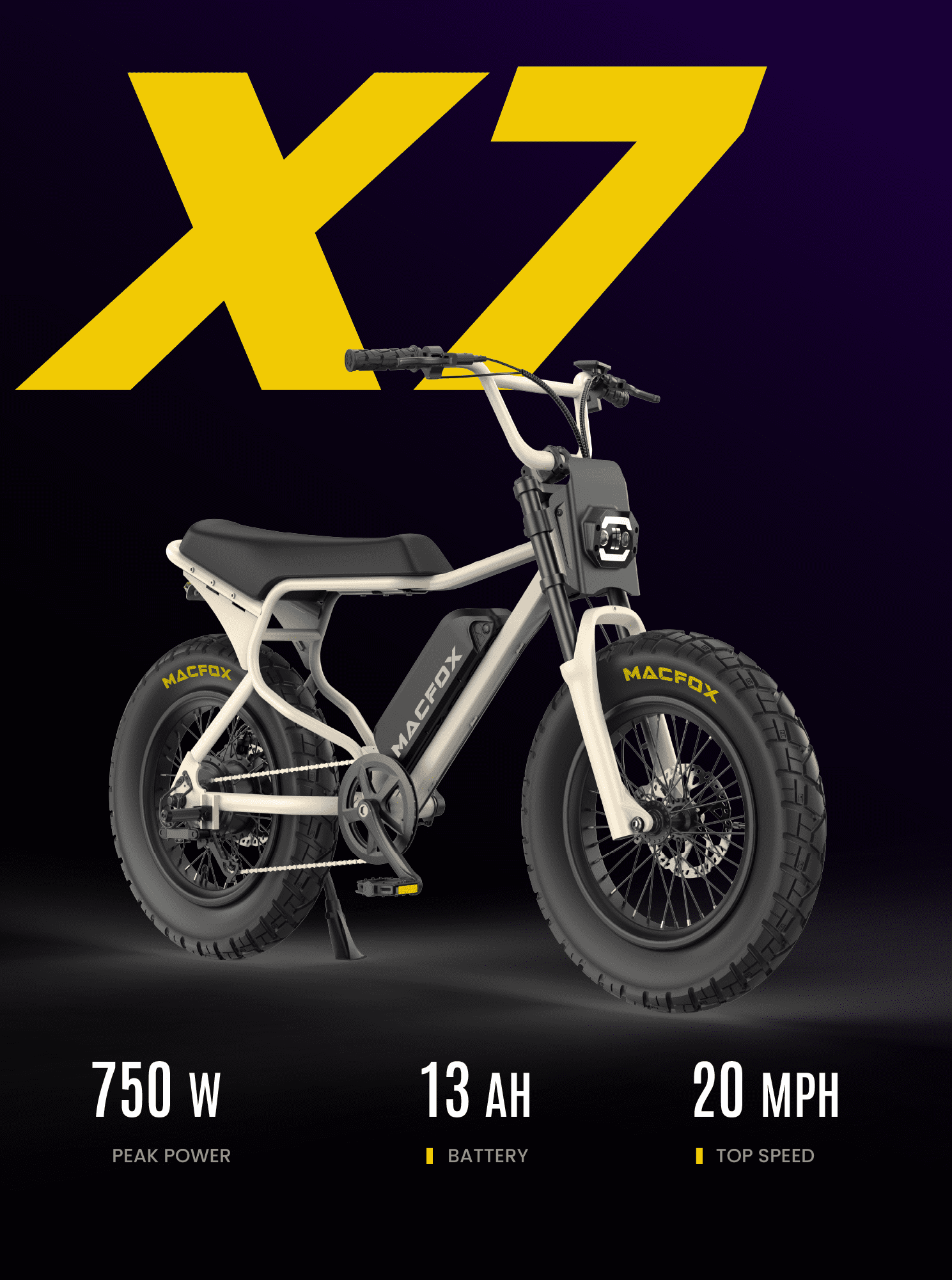 MACFOX X7 Adult Electric Bike, 750W E-Bike, 20 MPH, 48V 13Ah removable battery, 35-mile range, hydraulic brakes, upgraded 20x5.0 wide rear tire.