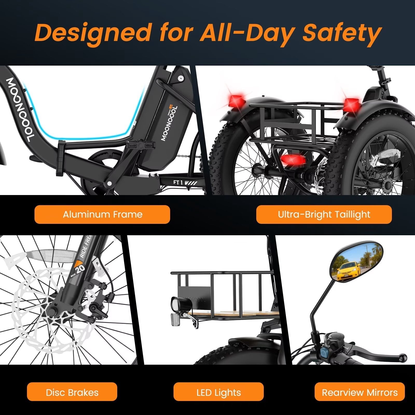 MOONCOOL Folding Electric Tricycle for Adults, 20 x 4 Fat Tire Electric Trike, 48V Peak 1092W  Electric Bicycle, 3 Wheels 7 Speed Ebike w/ 14.5Ah Removable Battery& Speed Differential Mechanism
