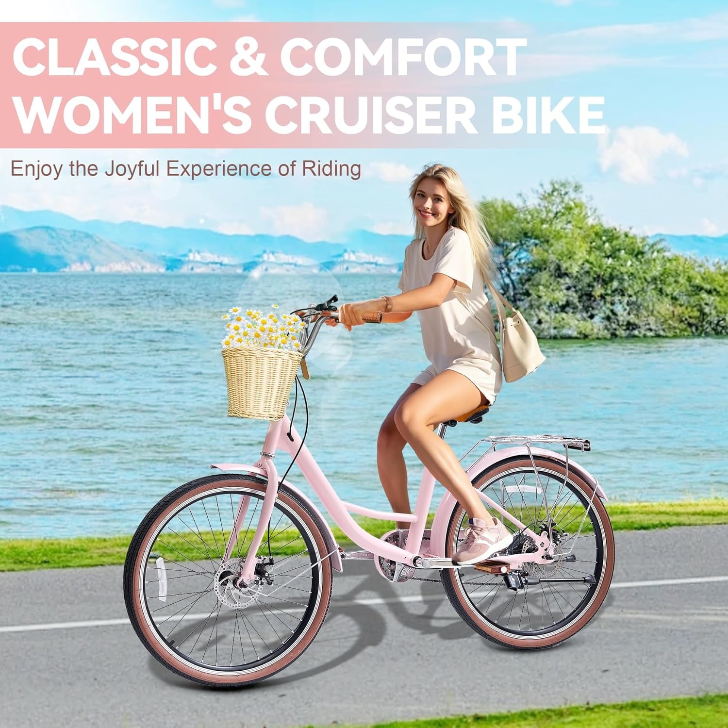 24 Beach Cruisers for Women, Pipleo Bikes for Women with Rattan Basket, 7-Speed & Step-Through Frame