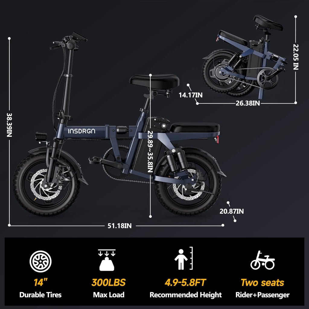 INSDRGN Folding Electric Bike for Adults Teens, 650W Peak Motor, 10.4AH 48V Battery 14 Electric Bicycles, 28 Miles Range, Mini Ebike for City Commuter, UL2849, Gray