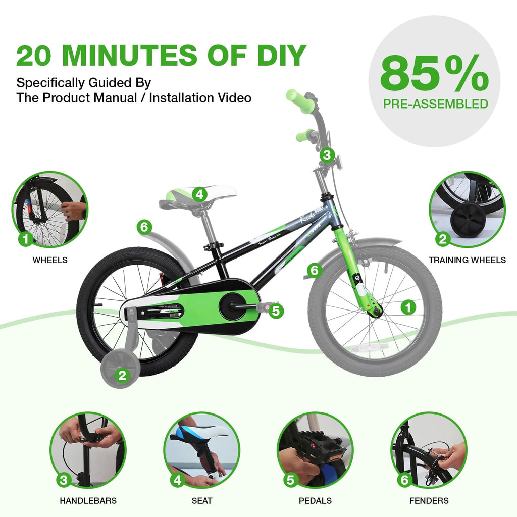 Hykolity Kids Bike, 16 Inch Children Bicycle for Boys & Girls Ages 4-6 Years Old, Rider Height 38-48 Inch, Sport Bike BMX Freestyle Handlebar Black Green