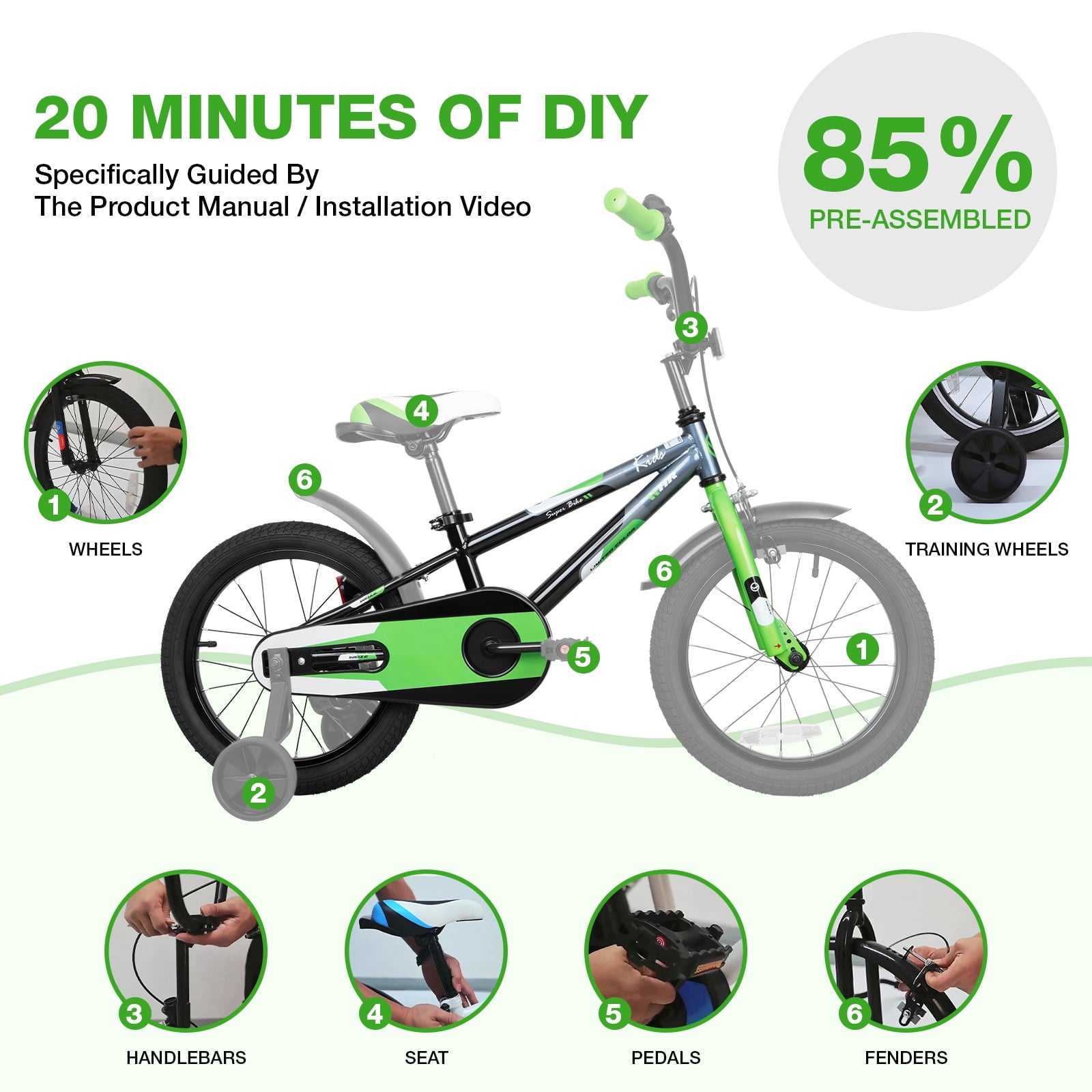Hykolity Kids Bike, 16 Inch Children Bicycle for Boys & Girls Ages 4-6 Years Old, Rider Height 38-48 Inch, Sport Bike BMX Freestyle Handlebar Black Green