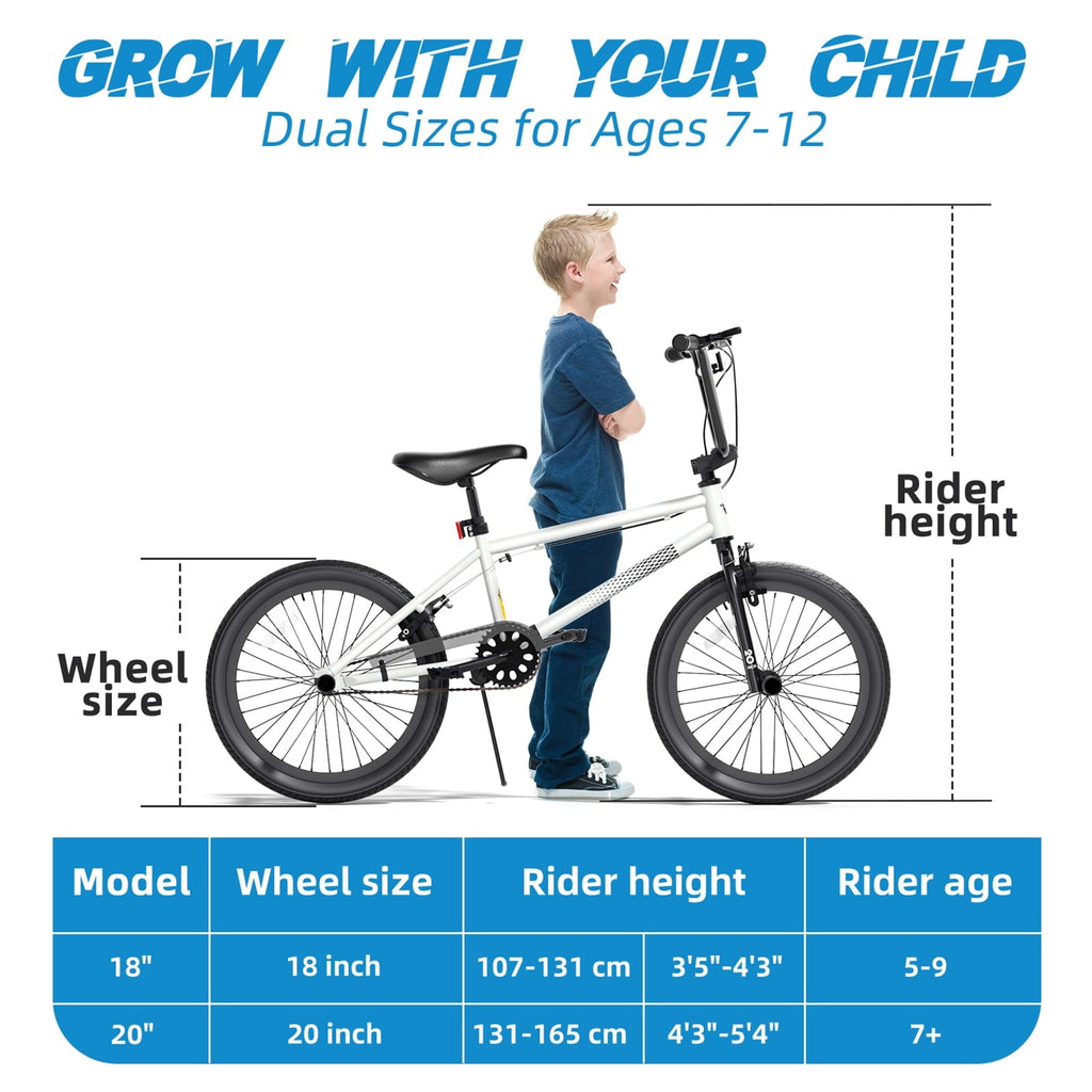 KORIMEFA Freestyle Kids BMX Bikes 18 20 Inch Kids Bicycles for Years Old Boys Girls Teen with Adjustable Seat and Handbrake, for Kids 8-12 Beginner-Level to Advanced Rider