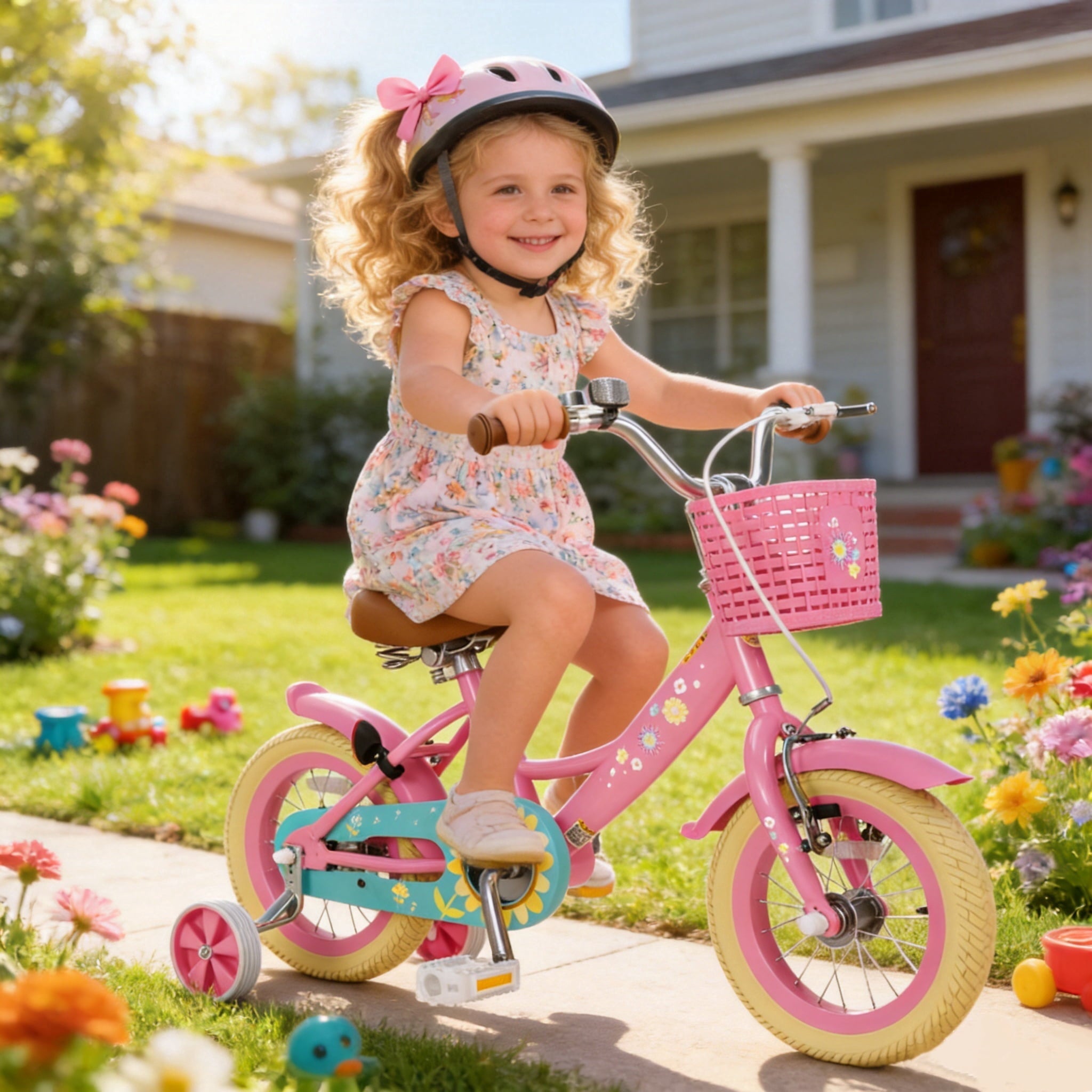 Korimefa Girls Bike for 3-9 Years Old Kids, 12 14 16 inch Kids Bike with Training Wheels, Basket and Doll Seat, Children Bicycles with Handbrake, Pink