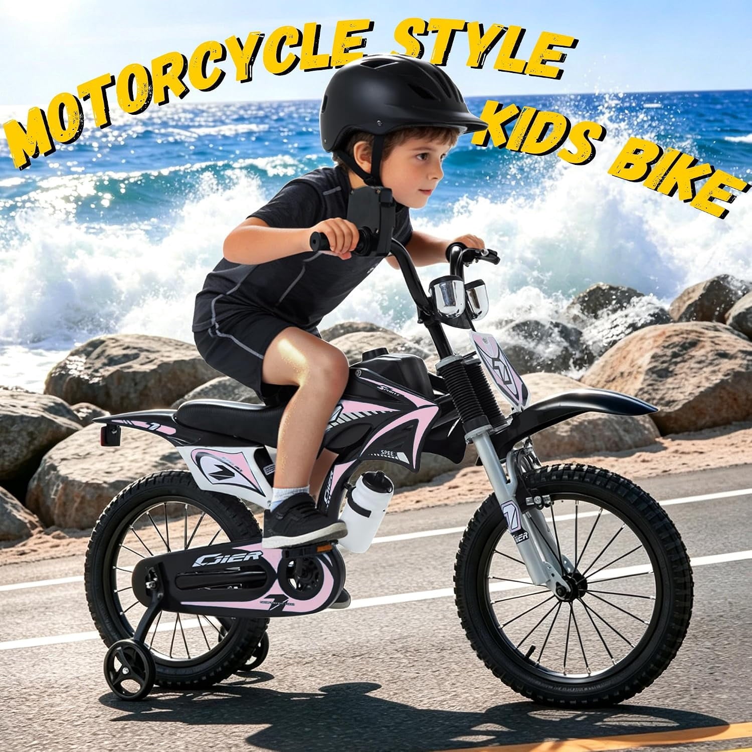 NEORIVER 16 Inch Motocross Style Kids Bike – Training Wheels, Sound Horn, Number Plate & Dashboard Included – Easy Assembly – Ages 3-12 Boys Girls